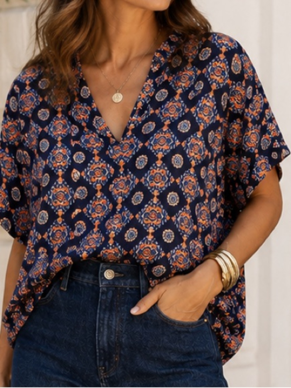 Lush Navy Blue Floral Medallion V-Neck Blouse